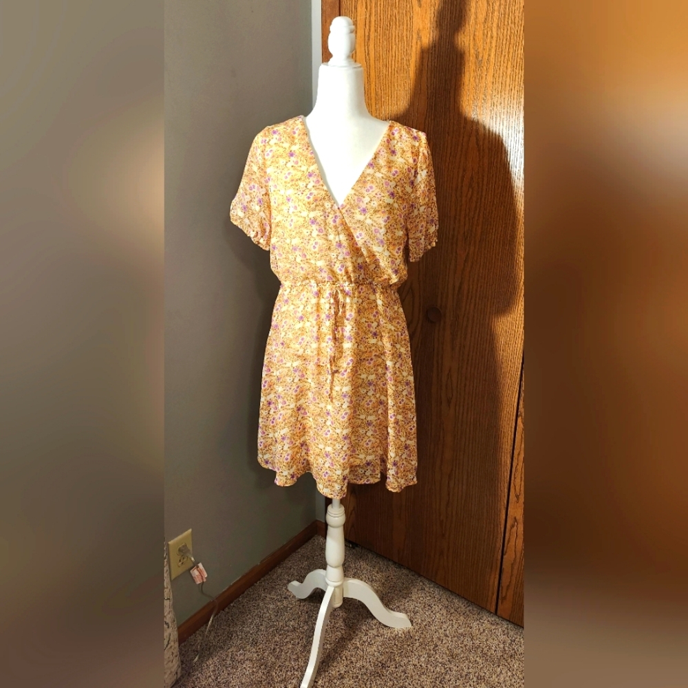Francesca's Yellow & Purple Wrap Sundress